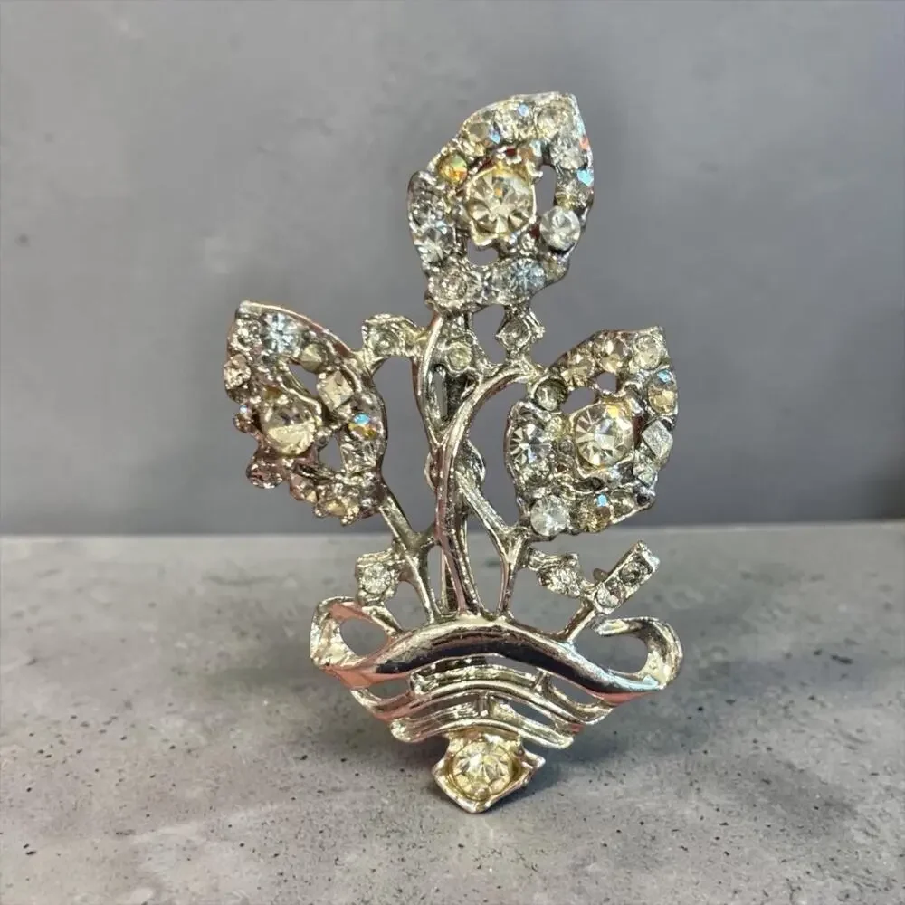 Vintage Rhinestone Flower Basket Brooch Silver Tone Bridal 1940s 50s